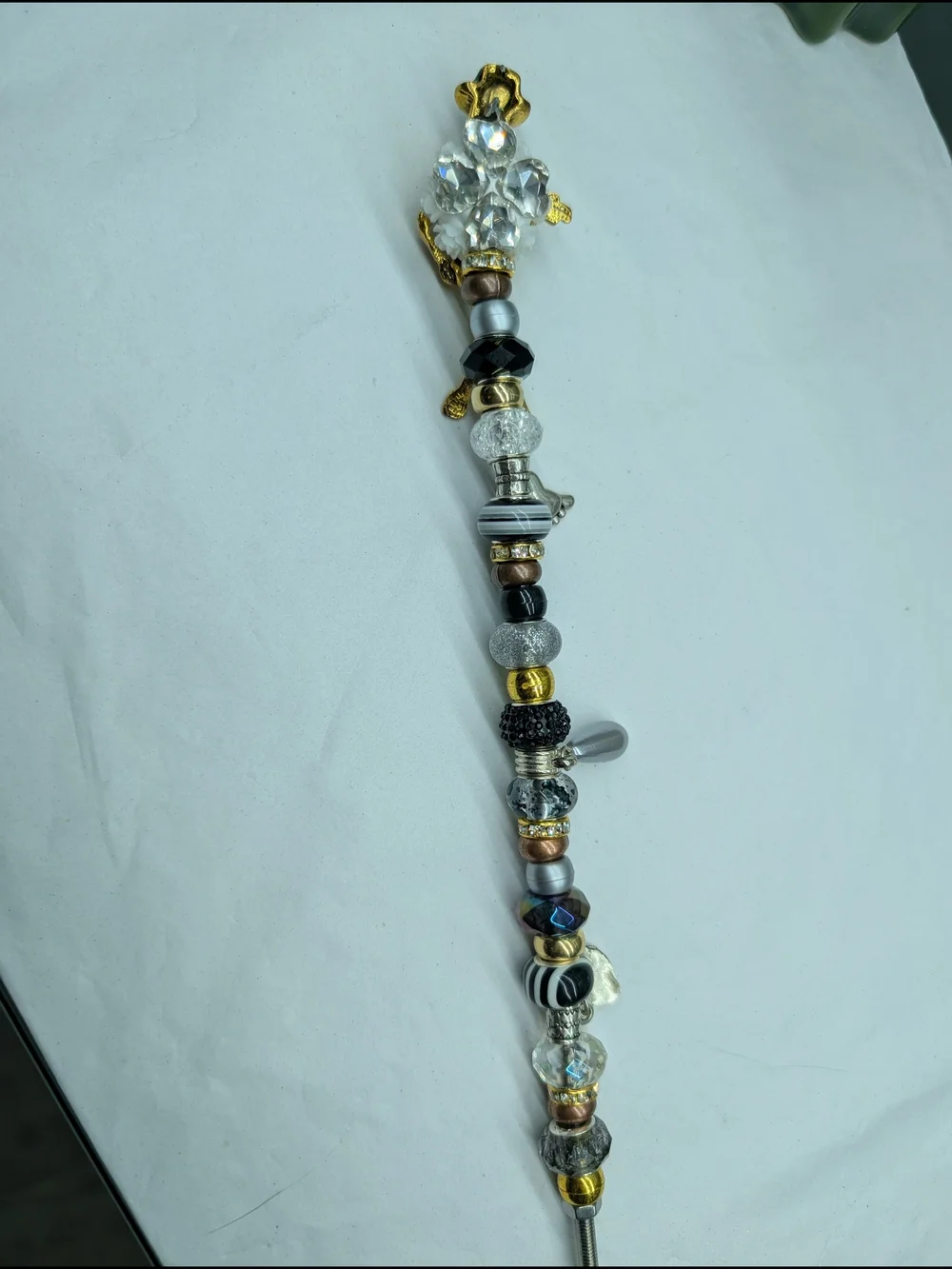 Hand Crafted Beaded Fairy Wand/Plant/Garden Stake W/Gold Blingy Skeleton Topper